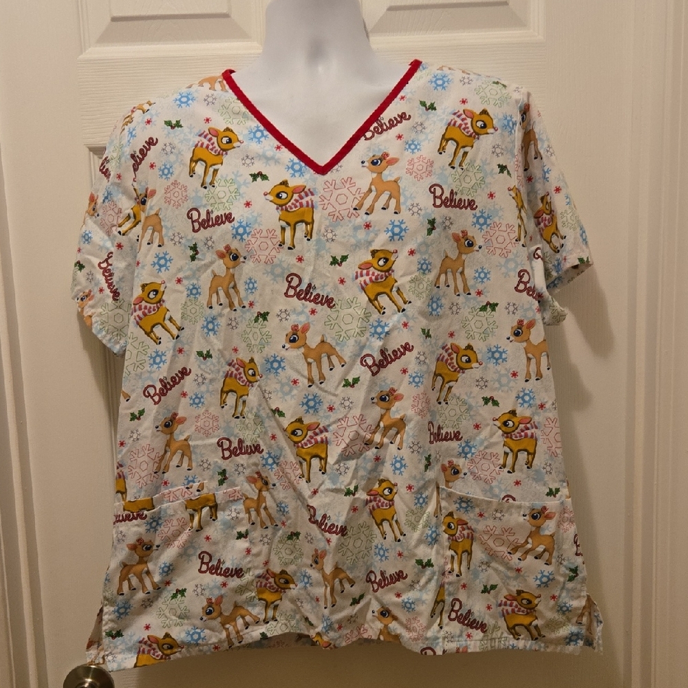 Festive Reindeer Print Scrub Top Christmas Roudolph Snow Flakes XL
